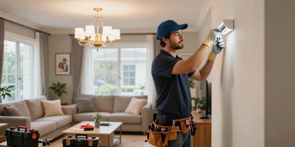 24 hour electrician installing modern fixtures in a cozy living room, ensuring safety and comfort.