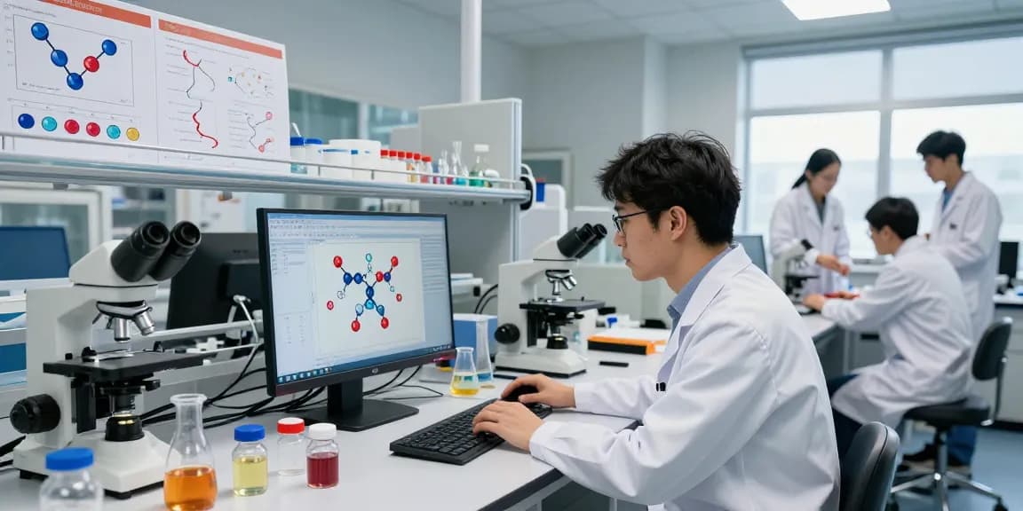 Researcher in lab coat conducting reta peptide research with advanced equipment and molecular charts
