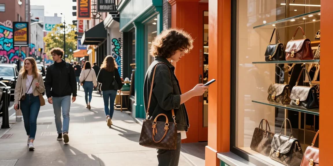 Exploring a 레플리카 쇼핑몰 in a vibrant urban setting, showcasing stylish luxury replica items.