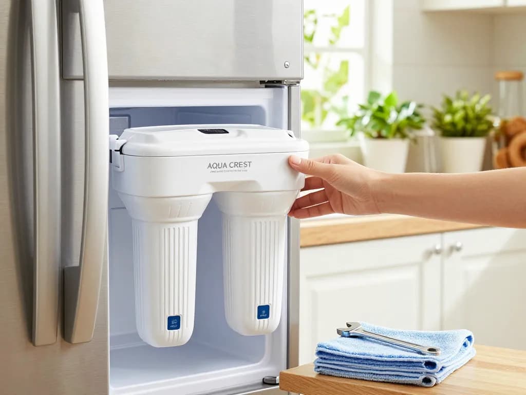 AQUA CREST ADQ73613401 Refrigerator Water Filter being replaced in a bright kitchen, highlighting importance of clean drinking water.