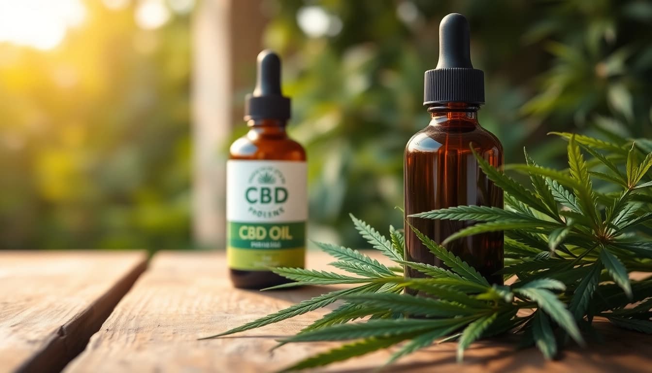 Showcasing CBD Oil bottle with hemp leaves, promoting natural wellness and health benefits.