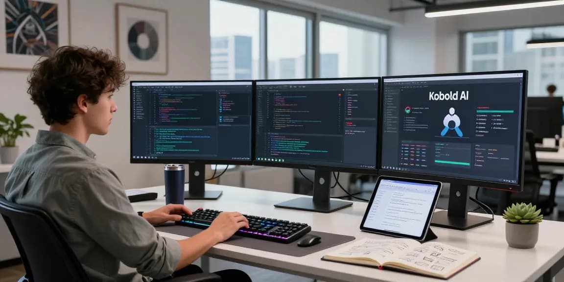 Developer using koboldai in an advanced tech workspace with multiple monitors and interactive software.