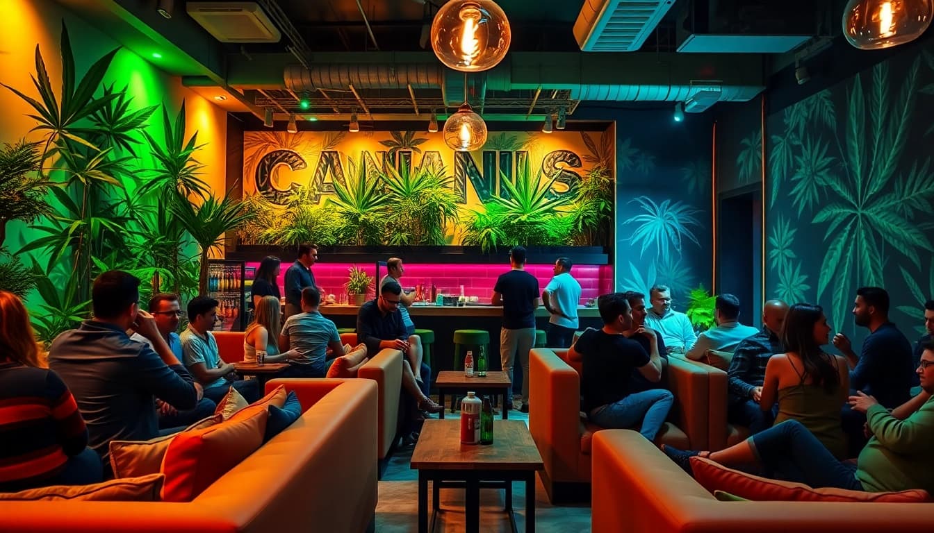 Join the vibrant community at a weed club Madrid with diverse individuals in a stylish lounge.
