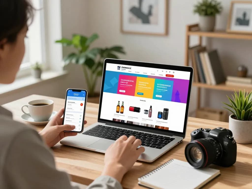 Online shopping at https://hubet88.icu/ with vibrant product display and cozy workspace.