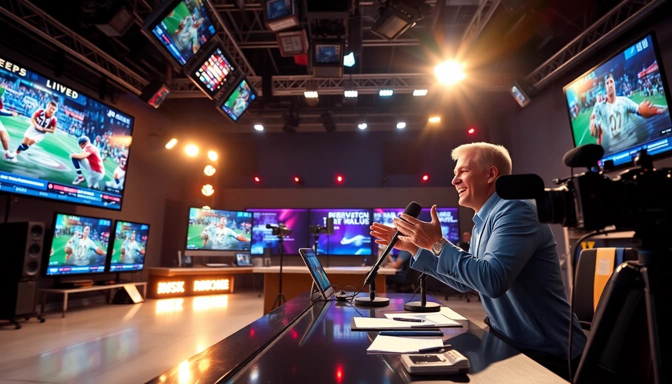 Engaging sports broadcasting scene with a host presenting highlights and advanced technology.
