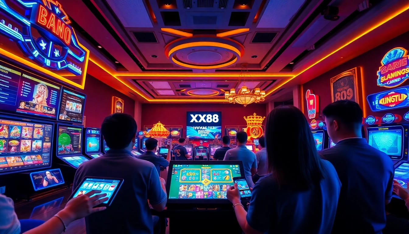 Engaging scene at Nhà cái XX88 featuring players enjoying various online games in a vibrant environment.