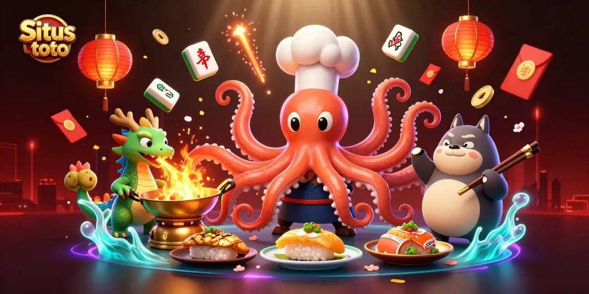 Situs toto promotional illustration featuring dynamic gaming elements & vibrant characters in a casino scene