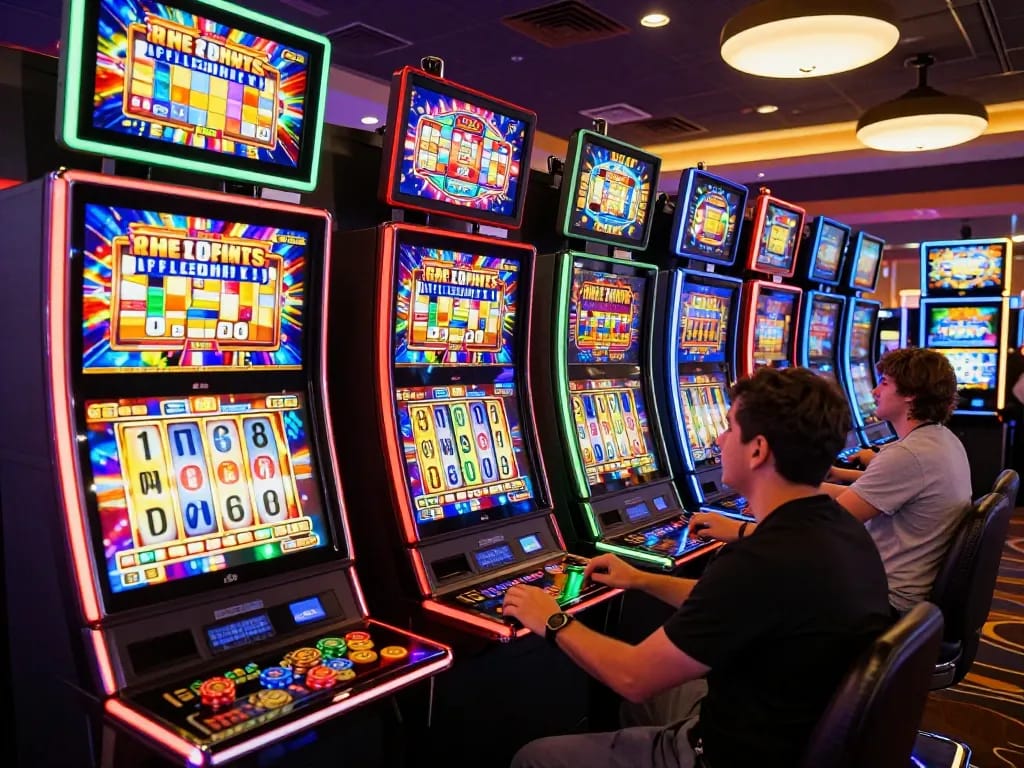 Players spinning slot machines with vibrant colors in a busy casino setting, showcasing excitement and engagement.