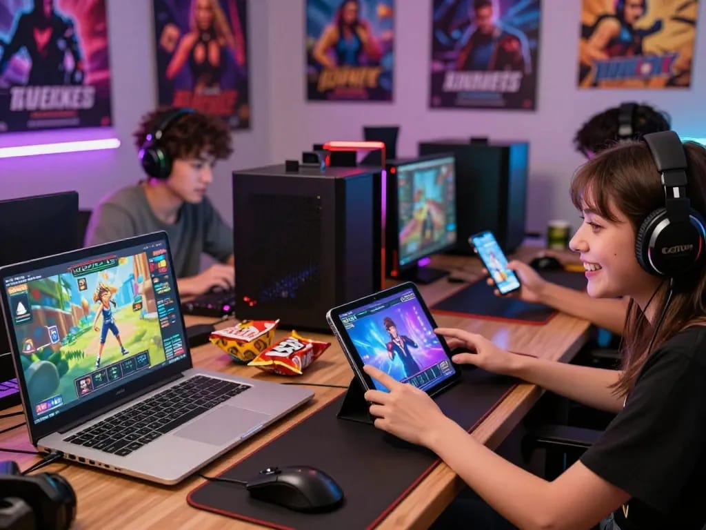 Players enjoying online sex games on different devices in a vibrant setting.