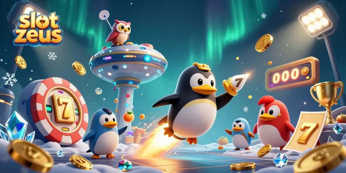 Spin for wins on slot zeus with a vivid illustration of a penguin, casino elements, and golden coins!