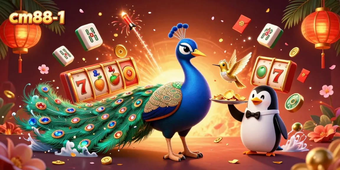 Experience the vibrant cm88-1 casino scene with a peacock and charming characters amidst sparkling slot visuals.