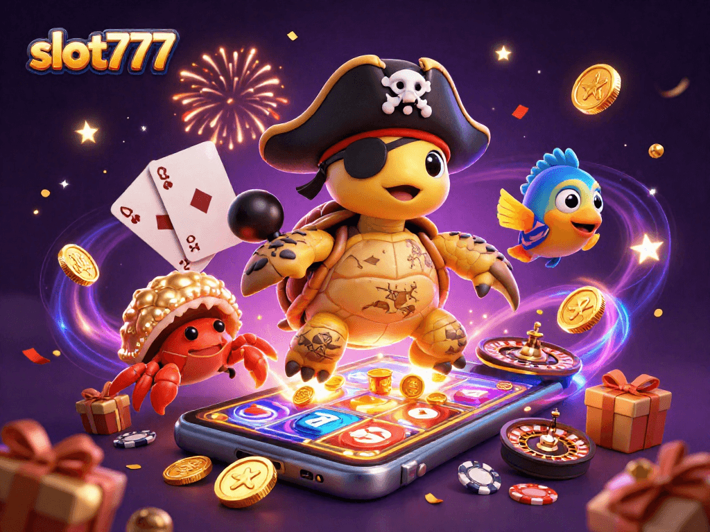 Win big with slot777 as a pirate turtle, crab, and parrotfish celebrate spinning reels!