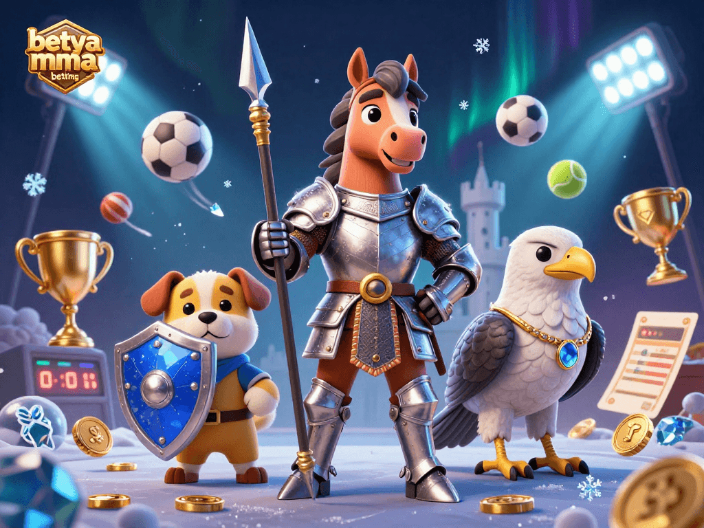 Experience betya mma betting excitement with a 3D cartoon knight, squire puppy, and falcon in a dynamic sports scene.