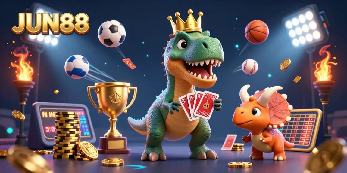 Experience thrilling action with JUN88 as a T-Rex shuffles cards in a vibrant casino scene.