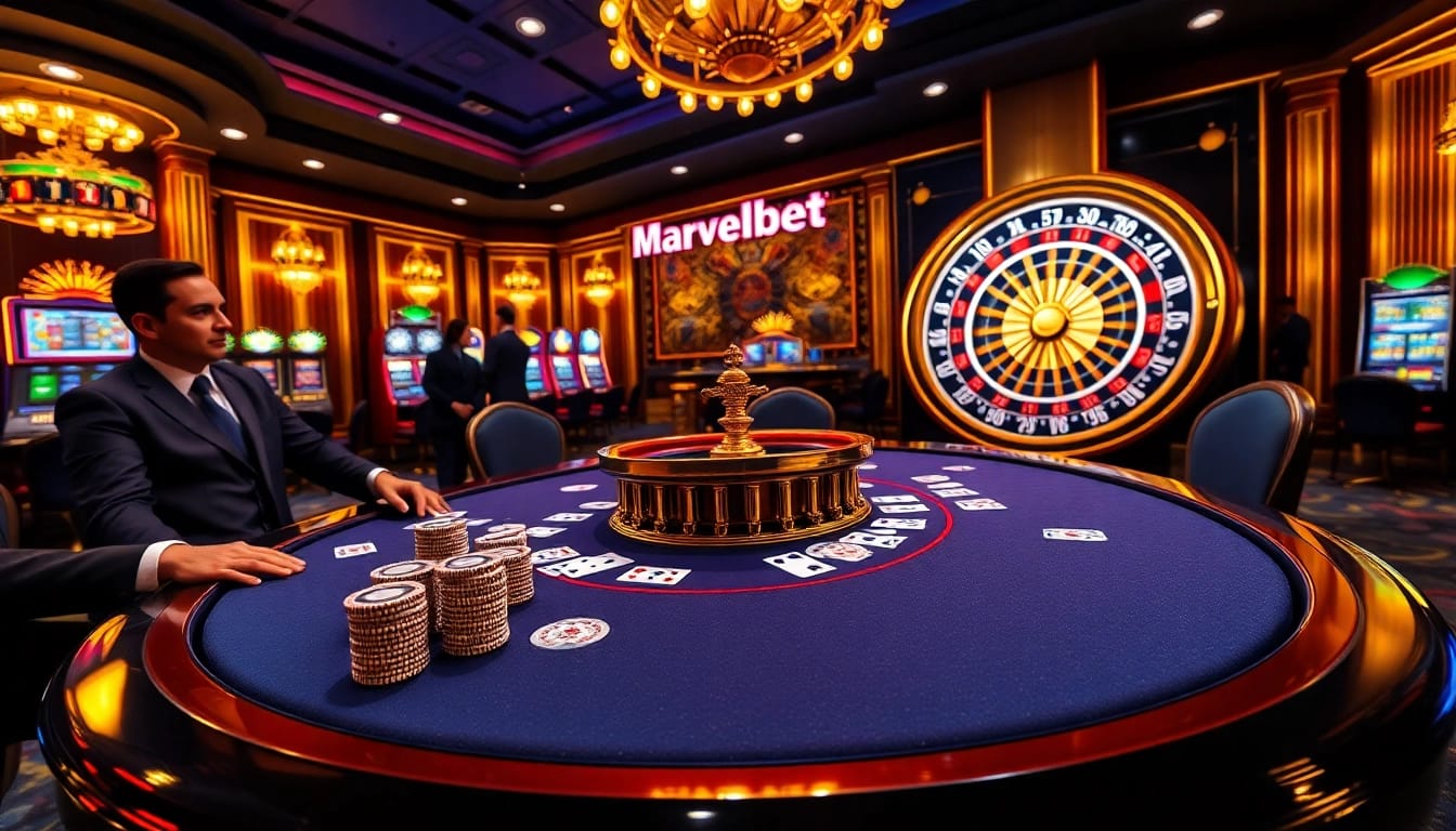 Marvelbet's exciting poker table scene with elegant players and vibrant casino atmosphere.