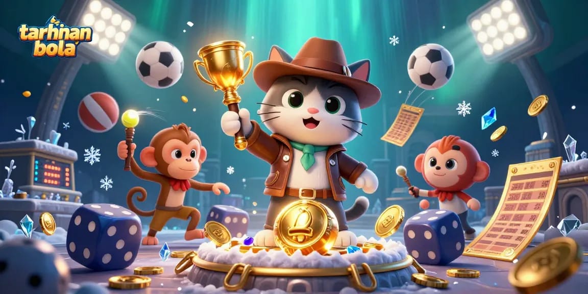 Engage in taruhan bola with dynamic elements and an adventurous scene featuring sports balls and vibrant colors.