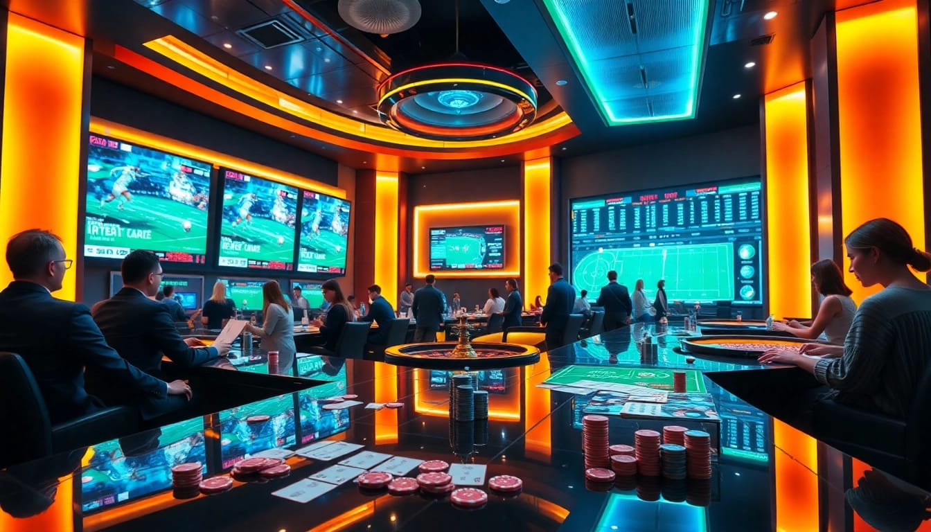 Exciting sports betting scene illustrating เทคนิคแทงบอล with gamblers engaging at a sportsbook.