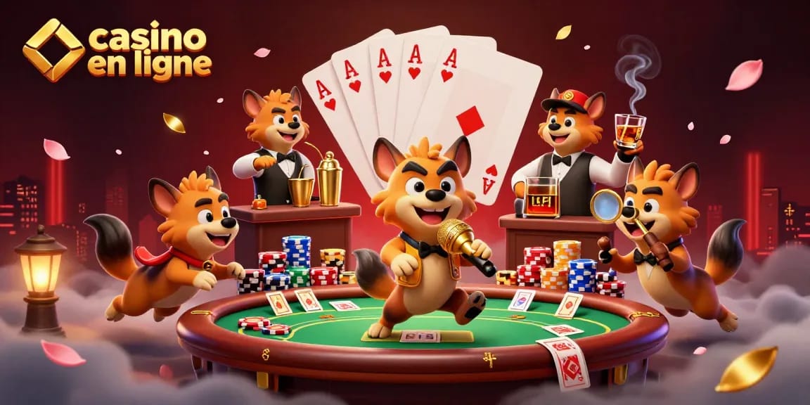 Visualisez une scène captivante de casino en ligne avec des hyènes animées qui s'amusent et interagissent autour d'une table de poker.