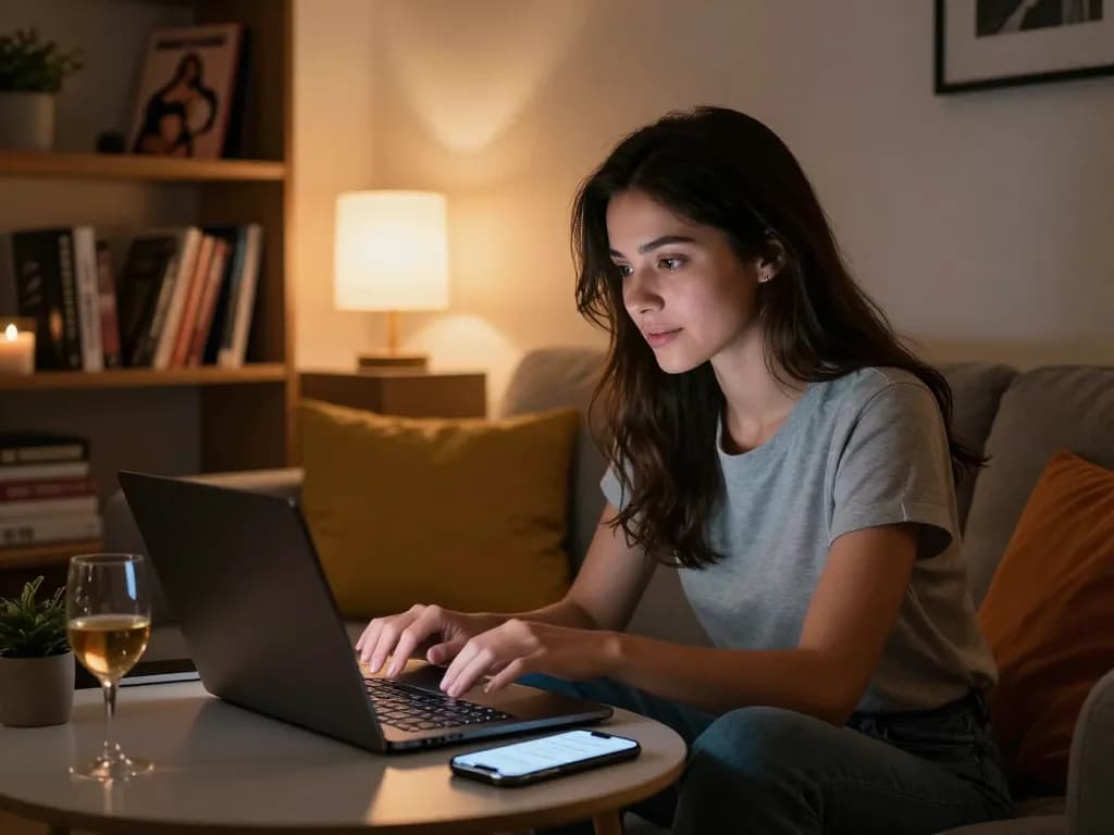 Engaging NSFW AI chat scene featuring a woman using a laptop in a cozy, intimate setting.