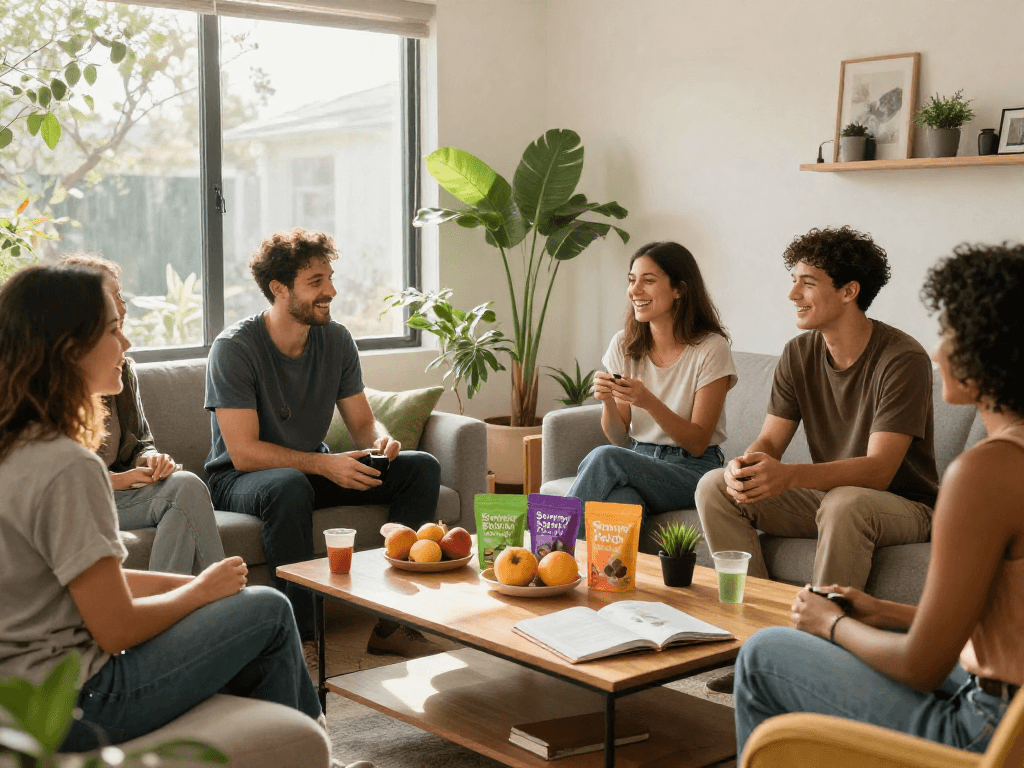 Stoney Patch THC gummies displayed in a cozy setting with wellness elements promoting community and natural enjoyment, organic and lab-tested quality.