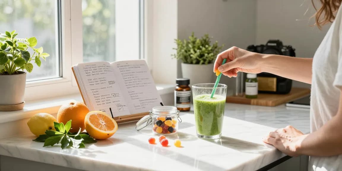 Edibles featuring CBD gummies and oil tincture in a bright kitchen, emphasizing natural wellness and healthy living.