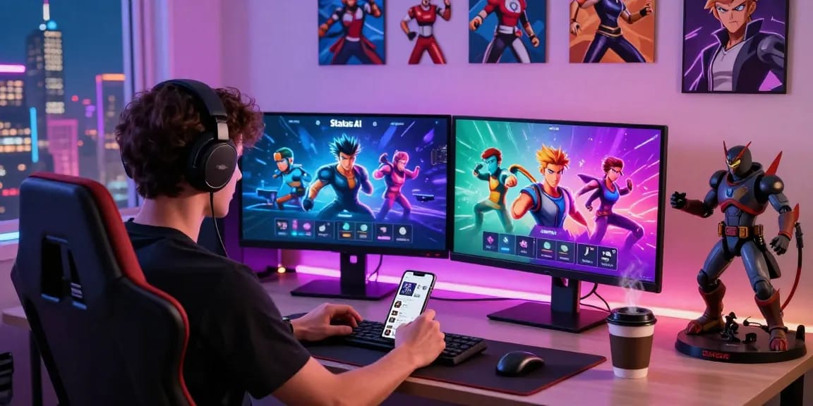 Player immersed in the status game showcasing avatars from various fandoms in a vibrant gaming setup.