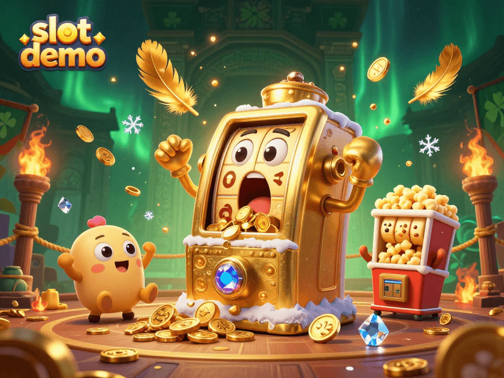Slot demo menampilkan mesin slot emas beraksi di arena dengan koin berhamburan dan suasana ramai.