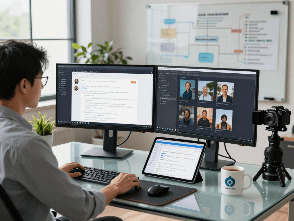 Professional analyst using an ai detector in a modern content moderation workspace.