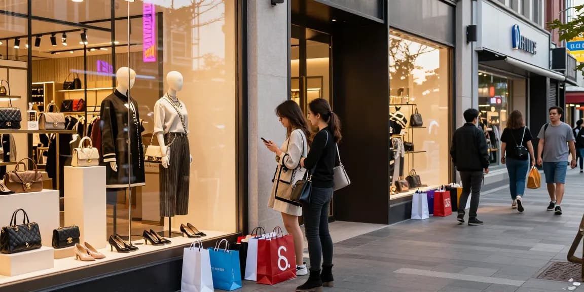 Exciting urban scene of a shopper at a 레플리카 쇼핑몰, showcasing luxury replicas with a stylish outfit and vibrant city atmosphere.