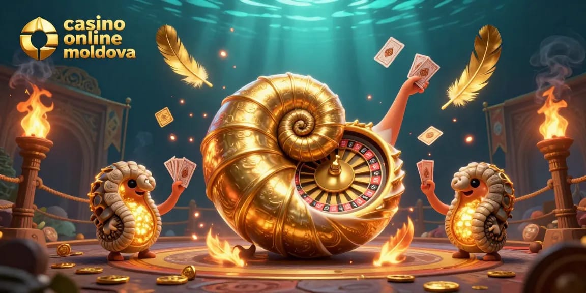 Jucați la casino online Moldova cu o ilustrație 3D vibrantă și atrăgătoare prezentând o nautilus uriaș și elemente de joc captivante.