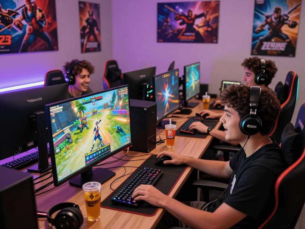 Engaged gamers showcasing raja328 in a vibrant gaming session with monitors and snacks.