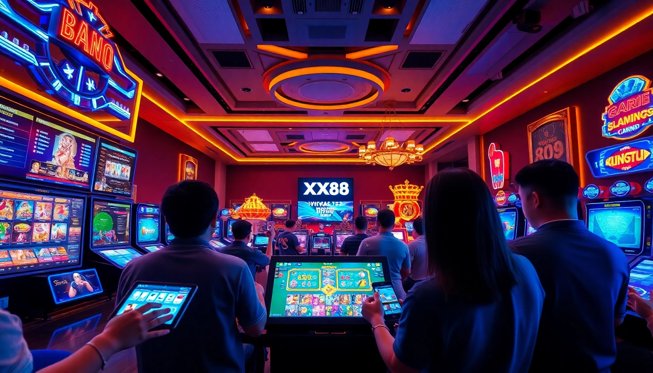 Engaging scene at Nhà cái XX88 featuring players enjoying various online games in a vibrant environment.