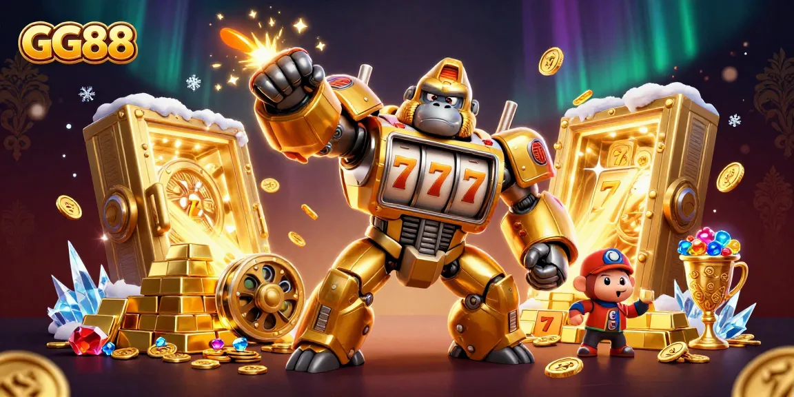 Spin to win at GG88 with a dynamic golden gorilla mech celebrating big slots jackpots!