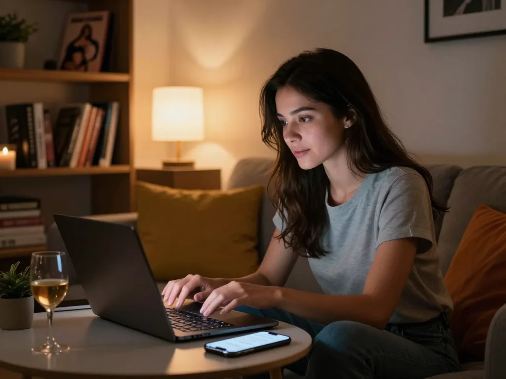 Engaging NSFW AI chat scene featuring a woman using a laptop in a cozy, intimate setting.