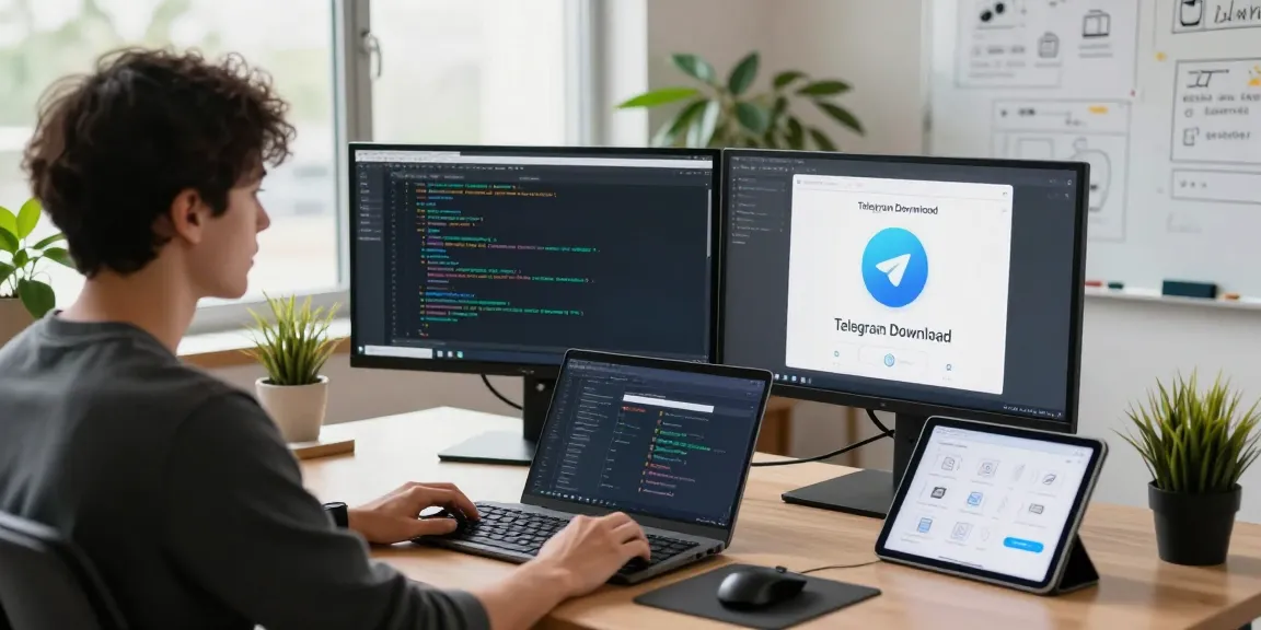 Developer immersed in coding for Telegram Download on dual monitors in a modern workspace.