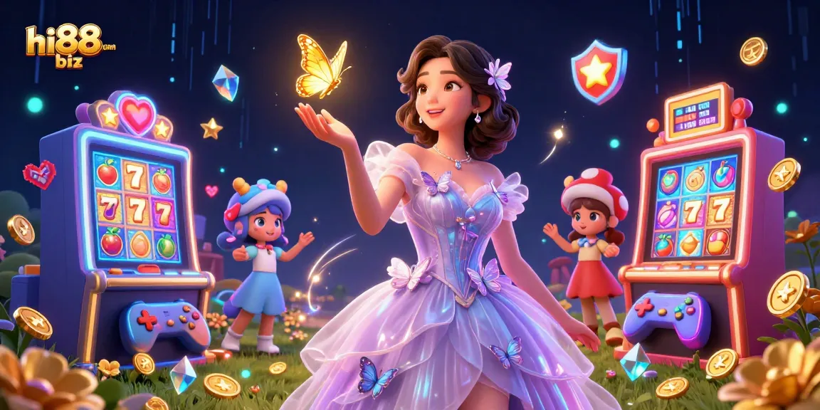 Experience the excitement of hi88com biz with a stunning illustration showcasing vibrant casino games and joyful characters.