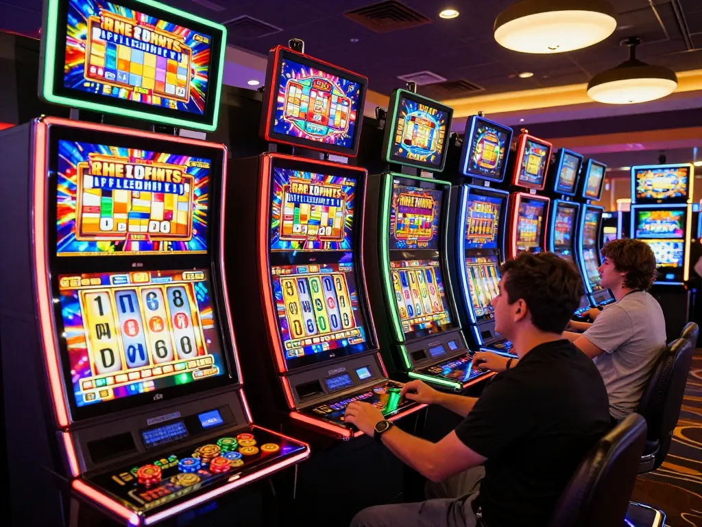 Players spinning slot machines with vibrant colors in a busy casino setting, showcasing excitement and engagement.