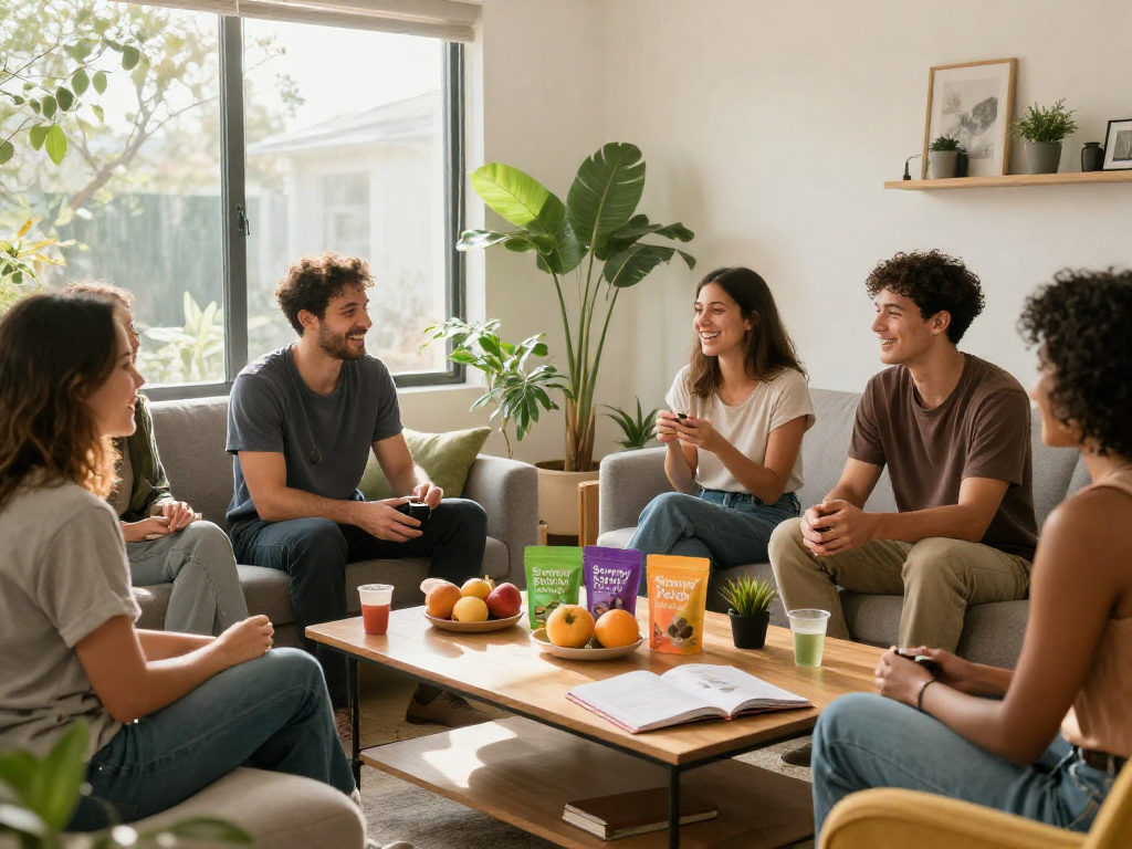 Stoney Patch THC gummies displayed in a cozy setting with wellness elements promoting community and natural enjoyment, organic and lab-tested quality.