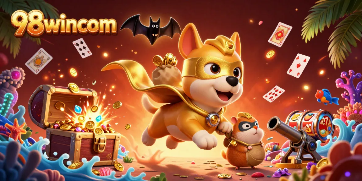 Experience big wins at 98wincom with a thrilling illustration of a superhero dog and riches!