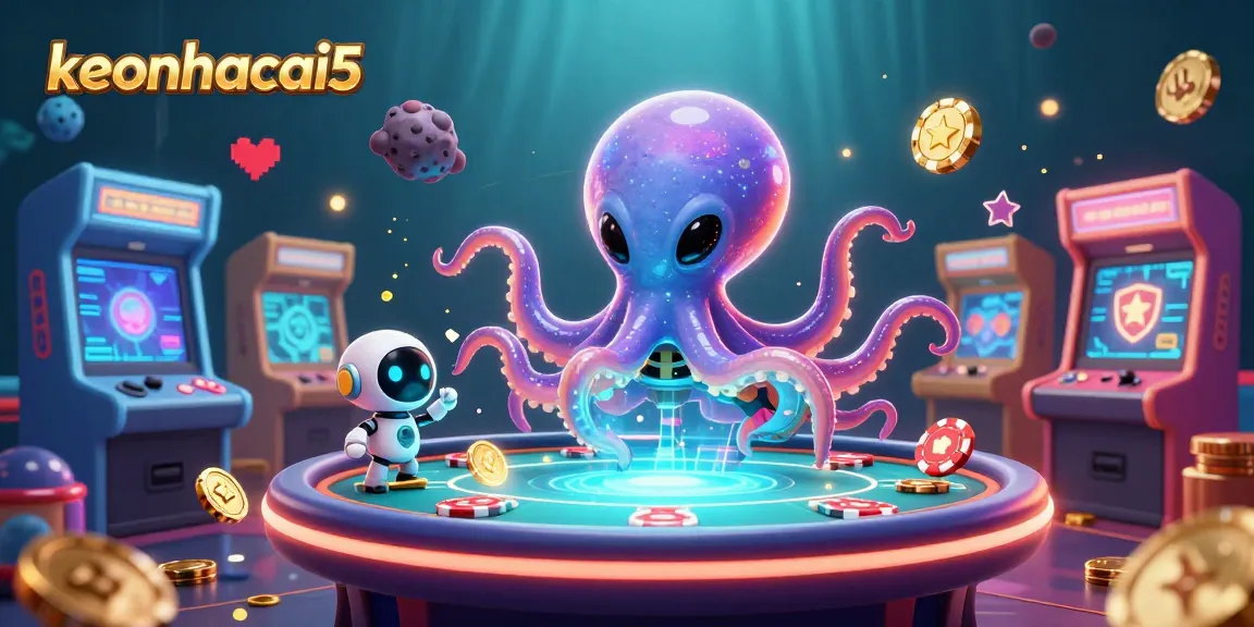 Engage with the keonhacai5 website through a vibrant 3D casino illustration showcasing an alien octopus at a holographic poker table.