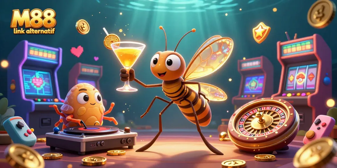 Experience the excitement of gaming with M88 link alternatif, showcasing a unique casino mascot scene.