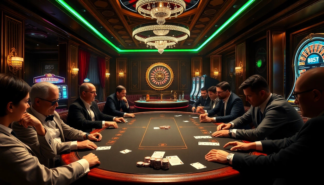 Players engaging in a thrilling game at the b52 club poker table amidst an elegant casino atmosphere.