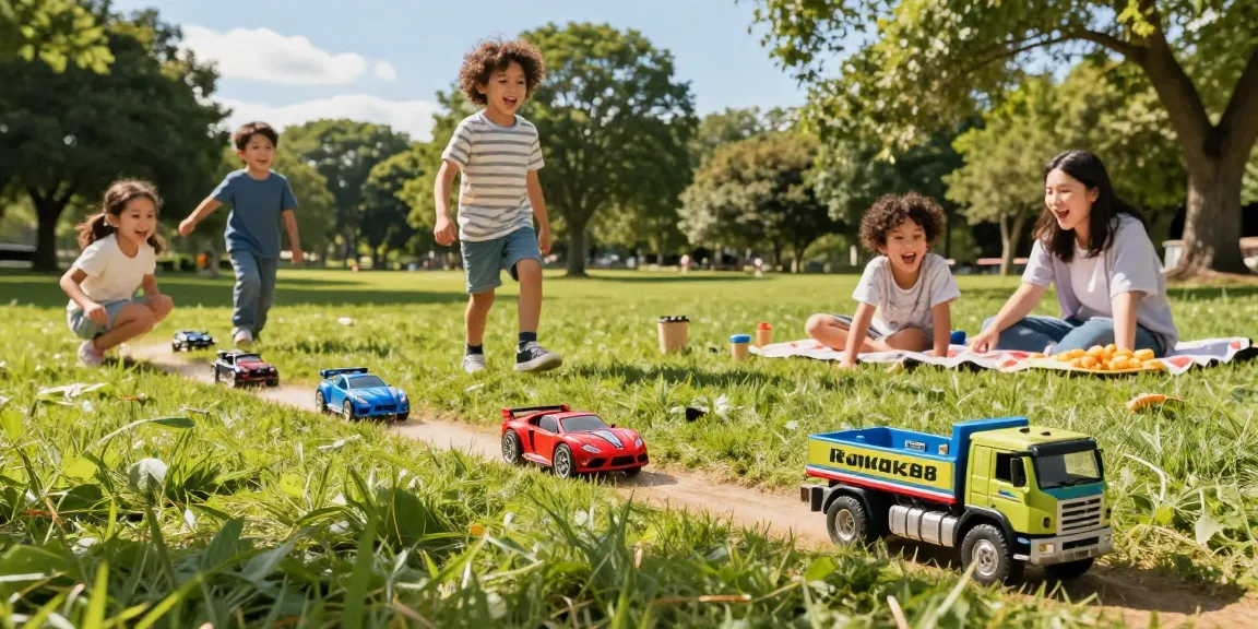 Family enjoying ROKOK88 remote control cars in a park, showcasing active play.