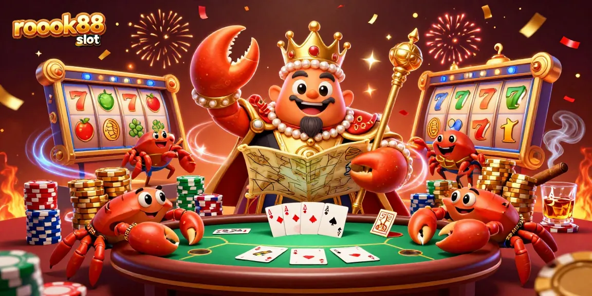 Explore the vibrant world of rokok88 slot with a golden crab emperor amid festive gaming elements.