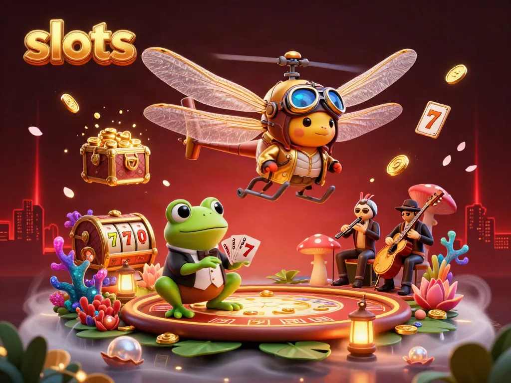 Spin winning slots with an animated dragonfly pilot above a vibrant lily pad casino scene.
