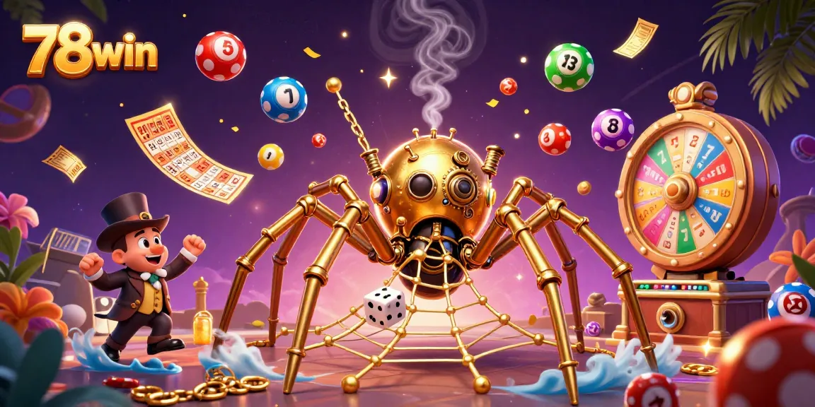 Engage with 78win's vibrant 3D casino illustration featuring lottery elements and a playful steampunk spider.