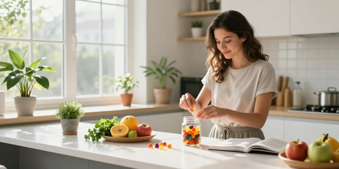 Edibles preparation scene with colorful CBD gummies on kitchen counter highlighting natural wellness and healthy living.