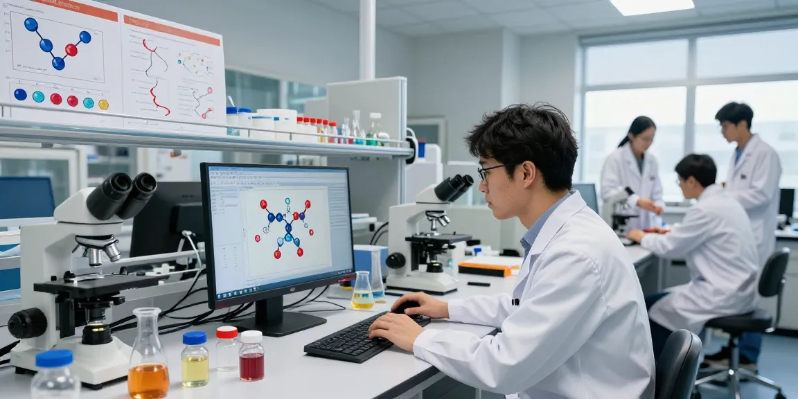 Researcher in lab coat conducting reta peptide research with advanced equipment and molecular charts