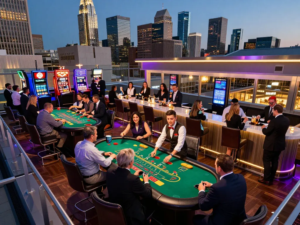 Players engaging in thrilling blackjack action at XX 88 casino under ambient city lights.