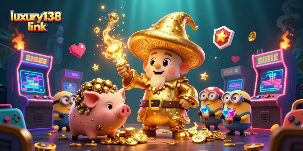 Spin to win on luxury138 link with vibrant gaming characters and gold treasures!